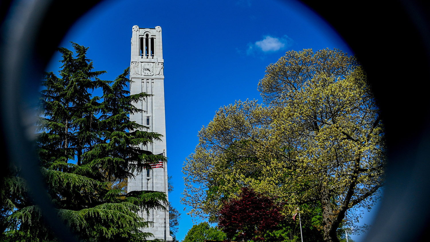The Belltower, framed by the gate at the edge of campus.