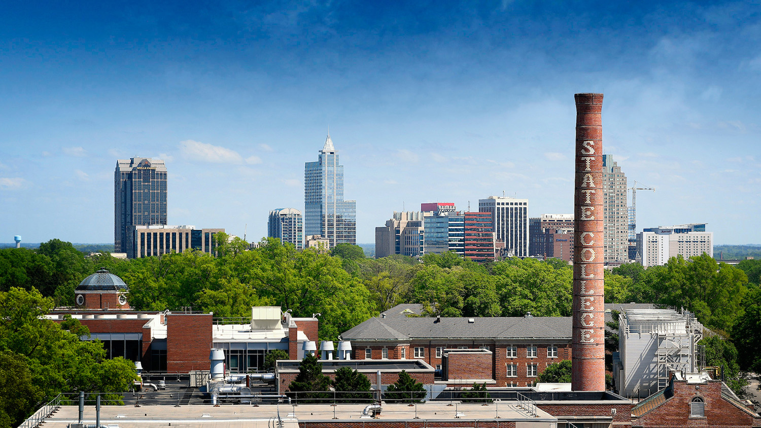 Downtown Raleigh skyline, framed by the State College smoke stack