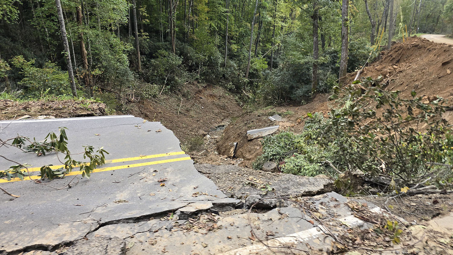 a stretch of highway ends in a washed out ravine